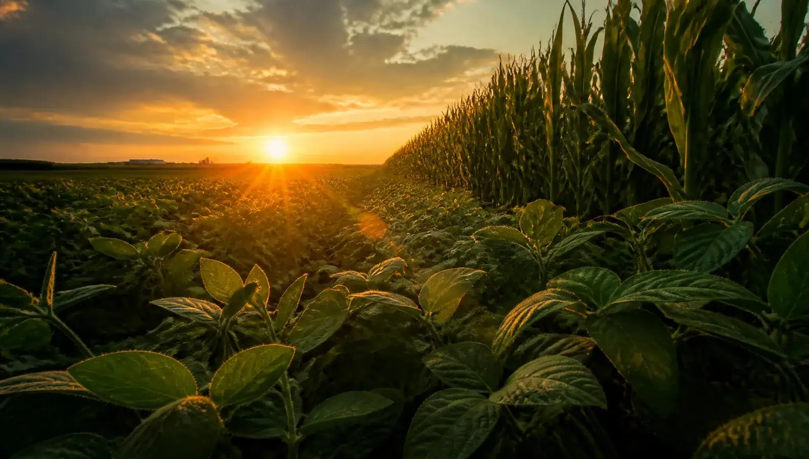 Lavoura de soja e milho ao pôr do sol